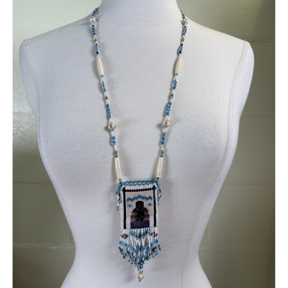 Vintage Navajo Rug Weaver Beaded Amulet Bag Necklace 29" Peyote Stitch Bone